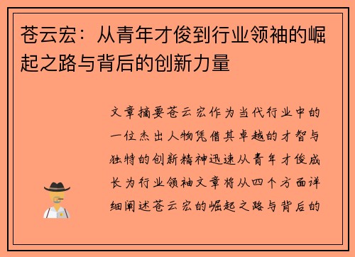 苍云宏：从青年才俊到行业领袖的崛起之路与背后的创新力量