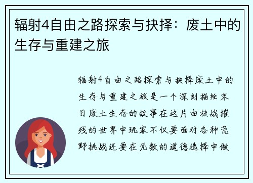 辐射4自由之路探索与抉择：废土中的生存与重建之旅